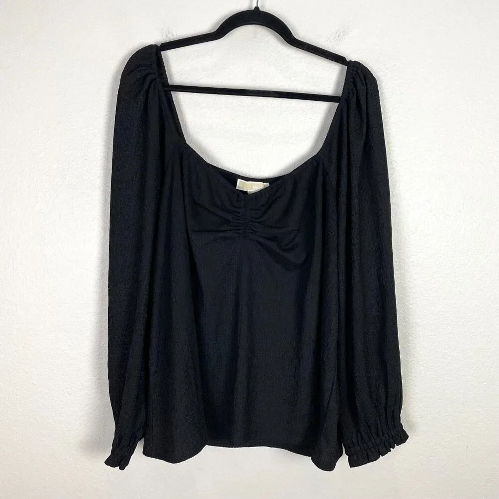 Michael Kors Womens Plus 4X Black Square‎ Neck Blouse Long Sleeve Shirt Top